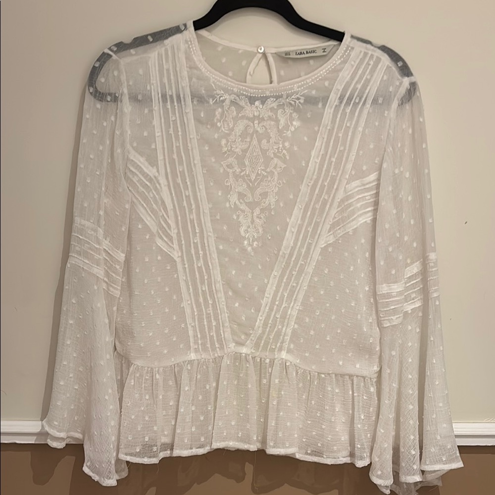 Zara Sheer White Blouse with Lace Details